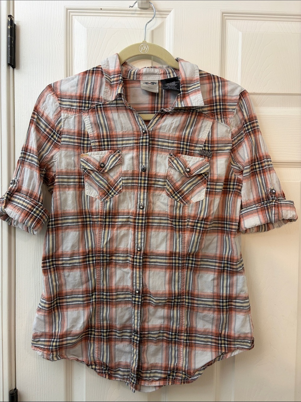 Harley-Davidson Orange, Black and White Plaid Button-Down Shirt